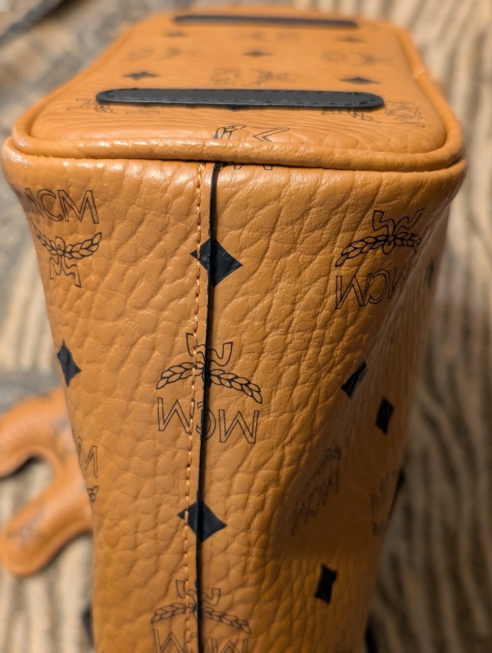 MCM Visetos Cognac Leather Mini Tote with Black Trim And Adorable Doggie Charm! - Picture 6 of 15
